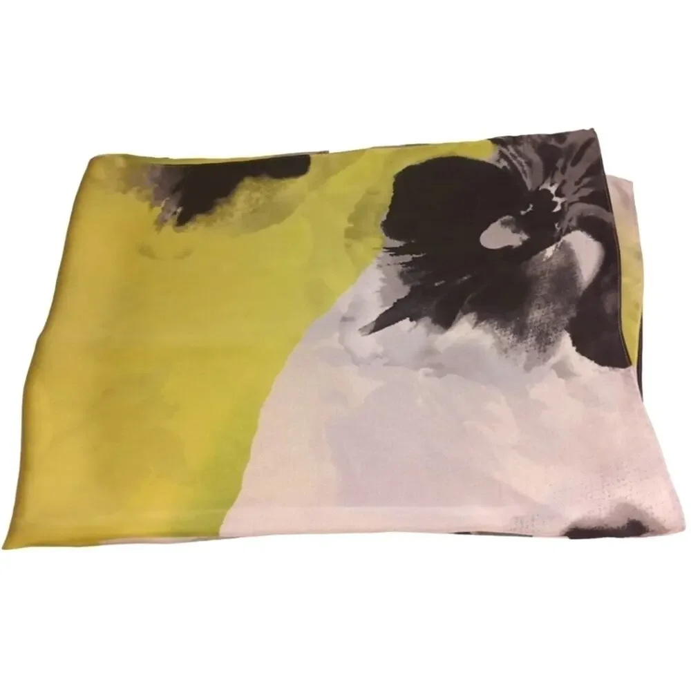 Abstract Print Satin-Feel Rectangular Fashion Scarf Yellow Gray Black OS